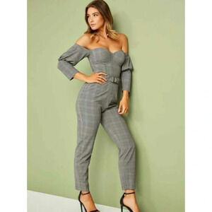 Guess Alexa Grey Pinstripe Plaid Bustier Off The Shoulder Jumpsuit Size 0 XXS XS